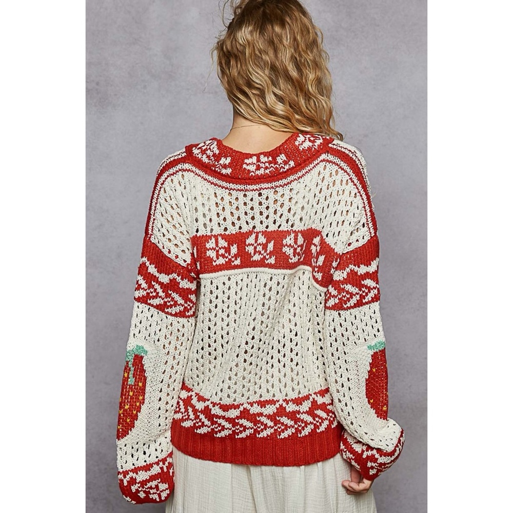 POL Cream Red Fair Isle Button Front Sweater Cardigan Strawberry Elbow Knit - Picture 4 of 9
